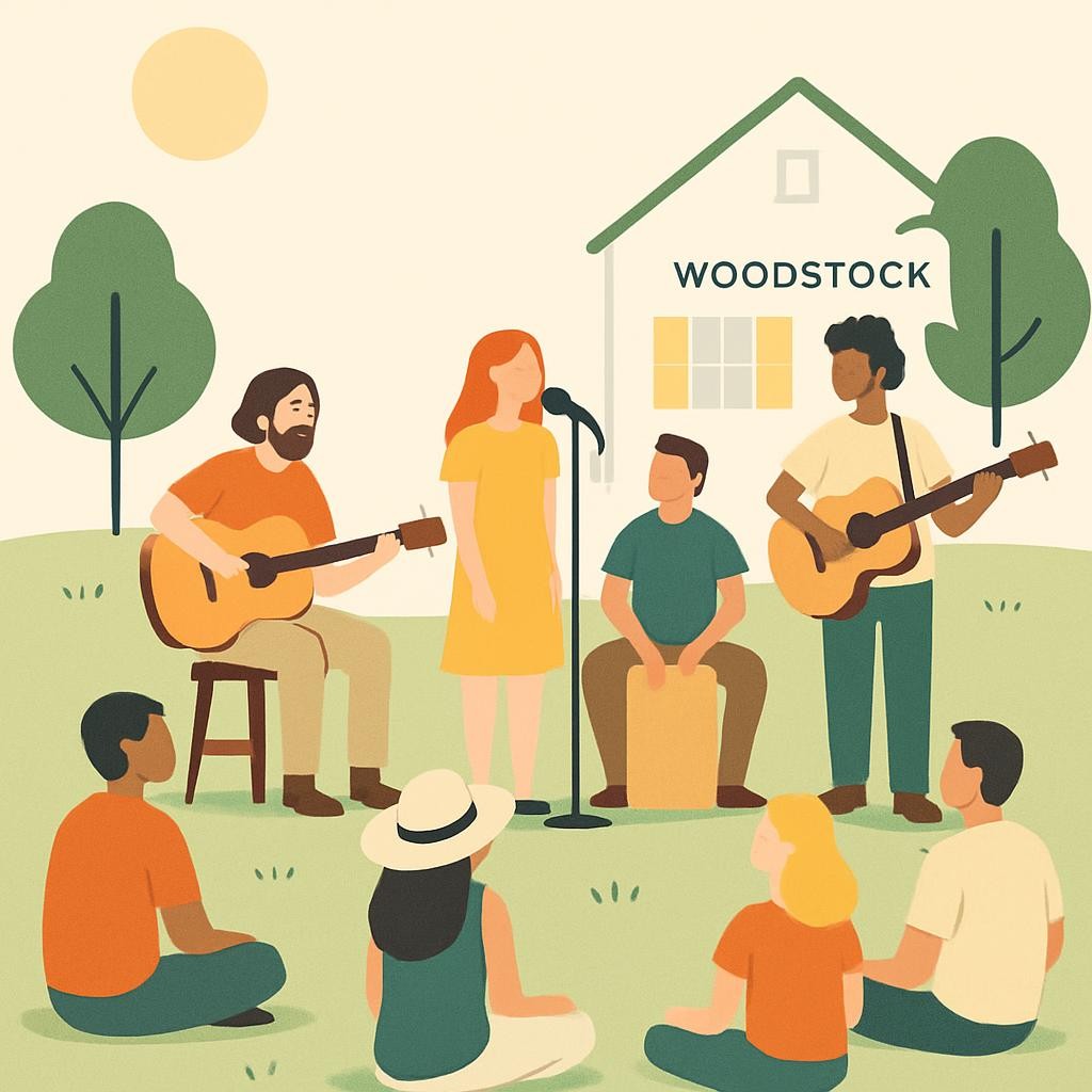 Local musicians performing at a Woodstock community event with vacation rental guests participating in the authentic cultural experience