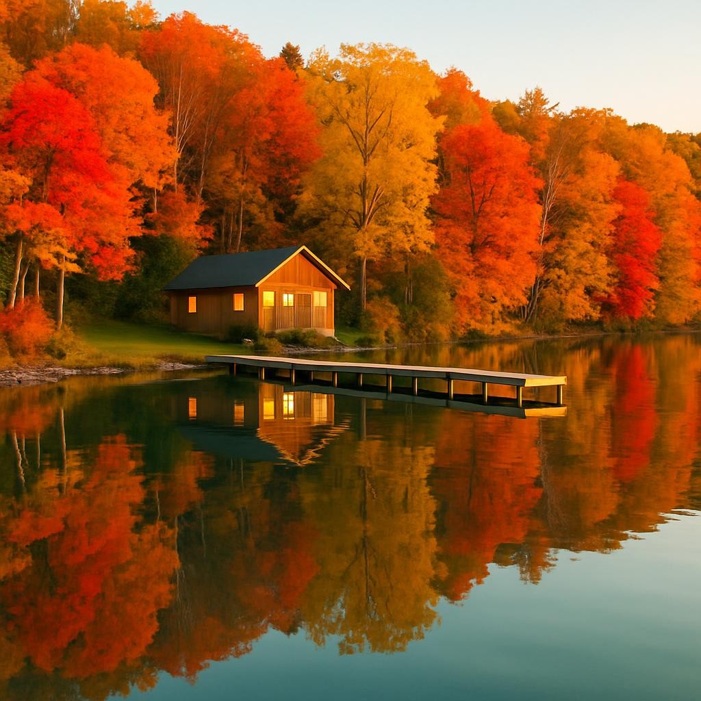 Cayuga Lake vacation rental in autumn with vibrant fall foliage reflections in crystal clear water, cozy lakefront cabin with warm lighting, peaceful dock extending into the lake, golden hour photography, pristine Finger Lakes scenery