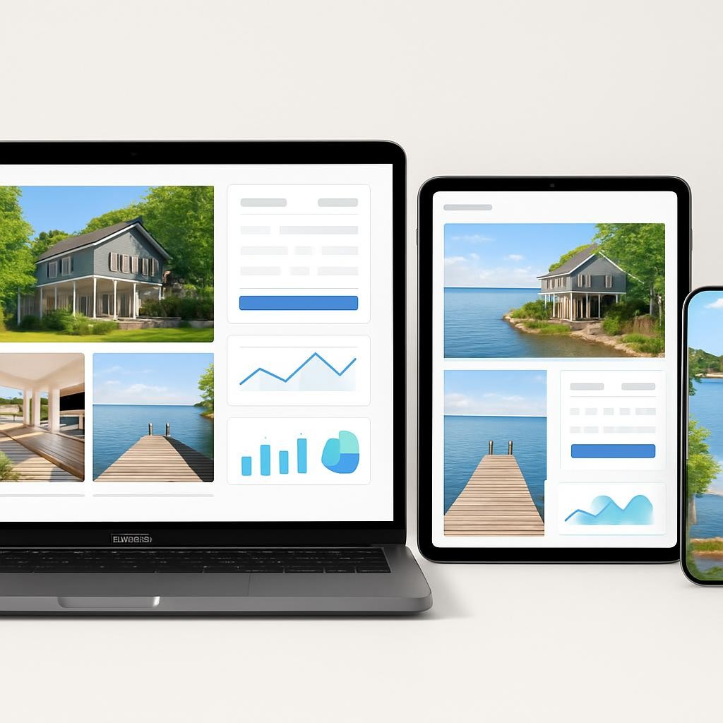 Professional vacation rental marketing display showing high-quality Cayuga Lake property photos on multiple devices - laptop, tablet, phone - with booking platform interfaces visible, marketing analytics charts, stunning lakefront property images
