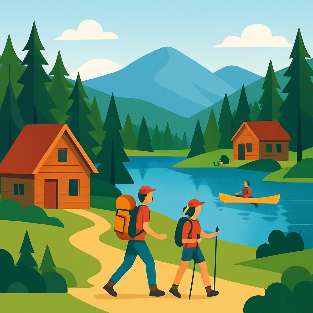 Essex County Adirondack wilderness landscape with vacation rental cabins nestled among pine trees near a pristine lake, with hikers and outdoor enthusiasts enjoying activities