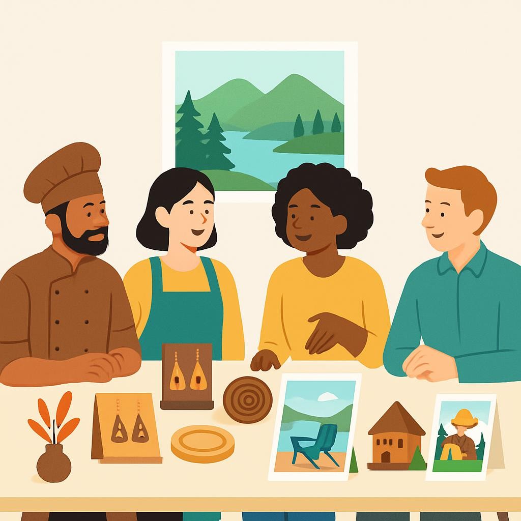 Local business alliance meeting in Essex County showing restaurant owners, artisan craftspeople, and vacation rental operators collaborating around a table with Adirondack-themed products and promotional materials