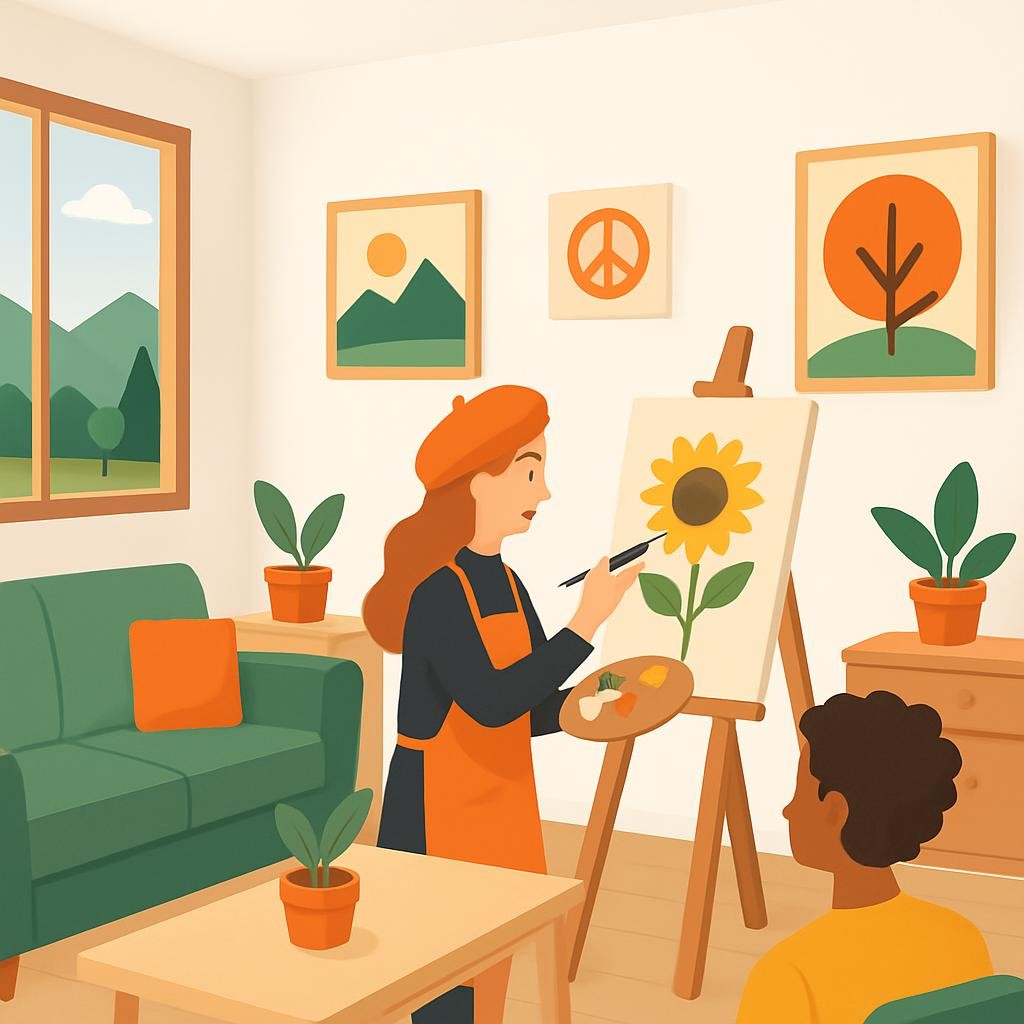 Woodstock arts community collaboration between vacation rental owners and local artists, featuring a cozy rental property with local artwork displays and artist workshops