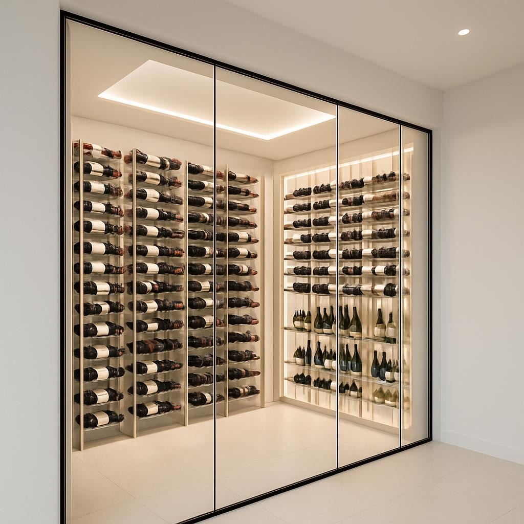 Elegant wine cellar in a vacation rental with climate-controlled storage, glass walls showcasing wine collection, and sophisticated lighting design