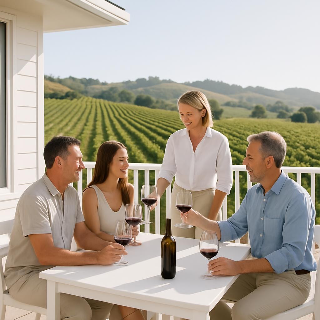 Wine enthusiasts enjoying a private tasting on a vacation rental deck with vineyard views, professional hospitality photography