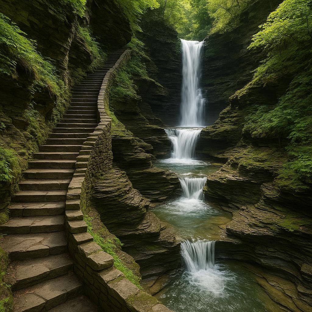 Dramatic waterfall scene showing stone trails and cascading water at Watkins Glen