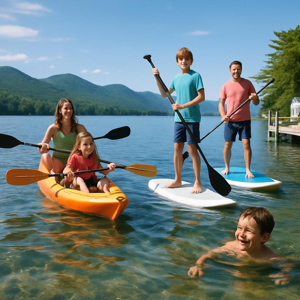 Family enjoying water sports activities on Brant Lake with Adirondack mountains in background
