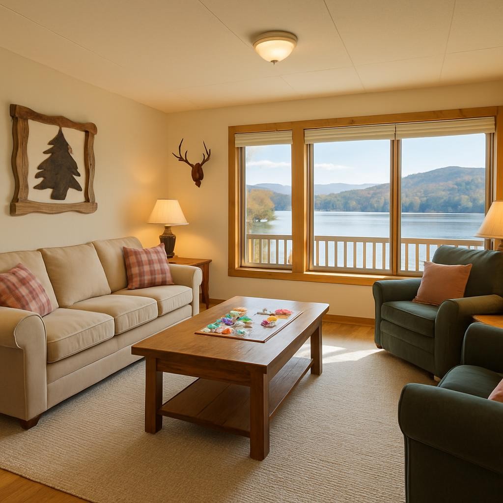 Cozy vacation rental interior with family-friendly amenities overlooking Brant Lake
