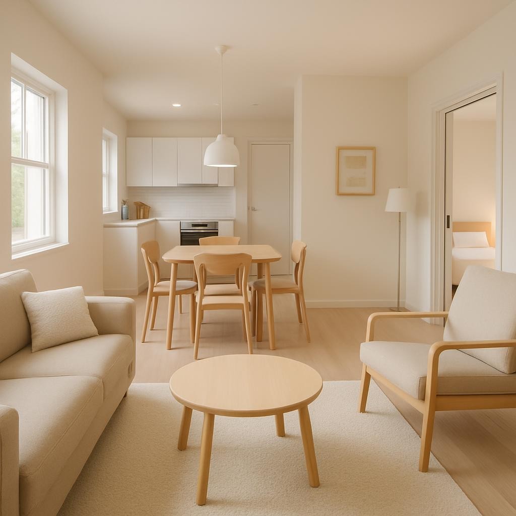Universal design features in a vacation rental showing accessible doorways and comfortable furniture arrangements
