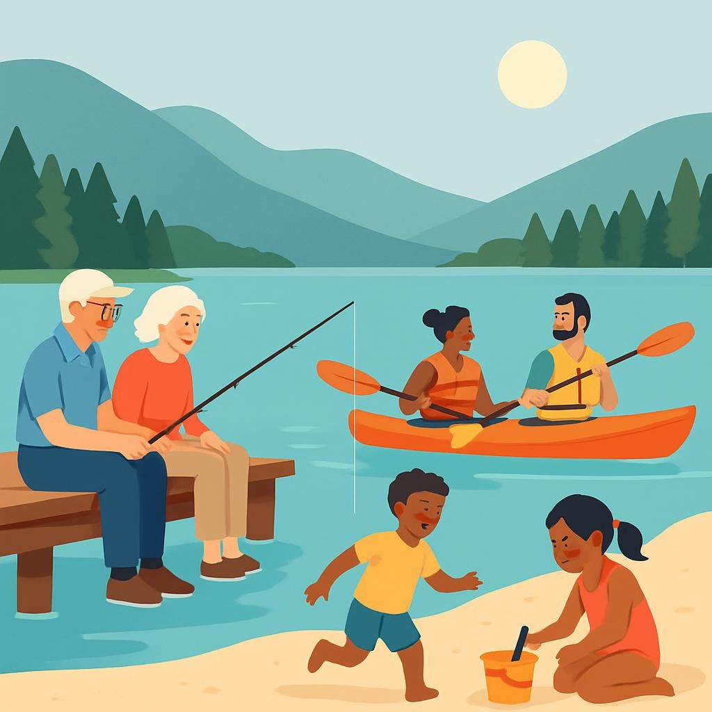 Multi-generational family enjoying lake activities together with grandparents, parents, and children