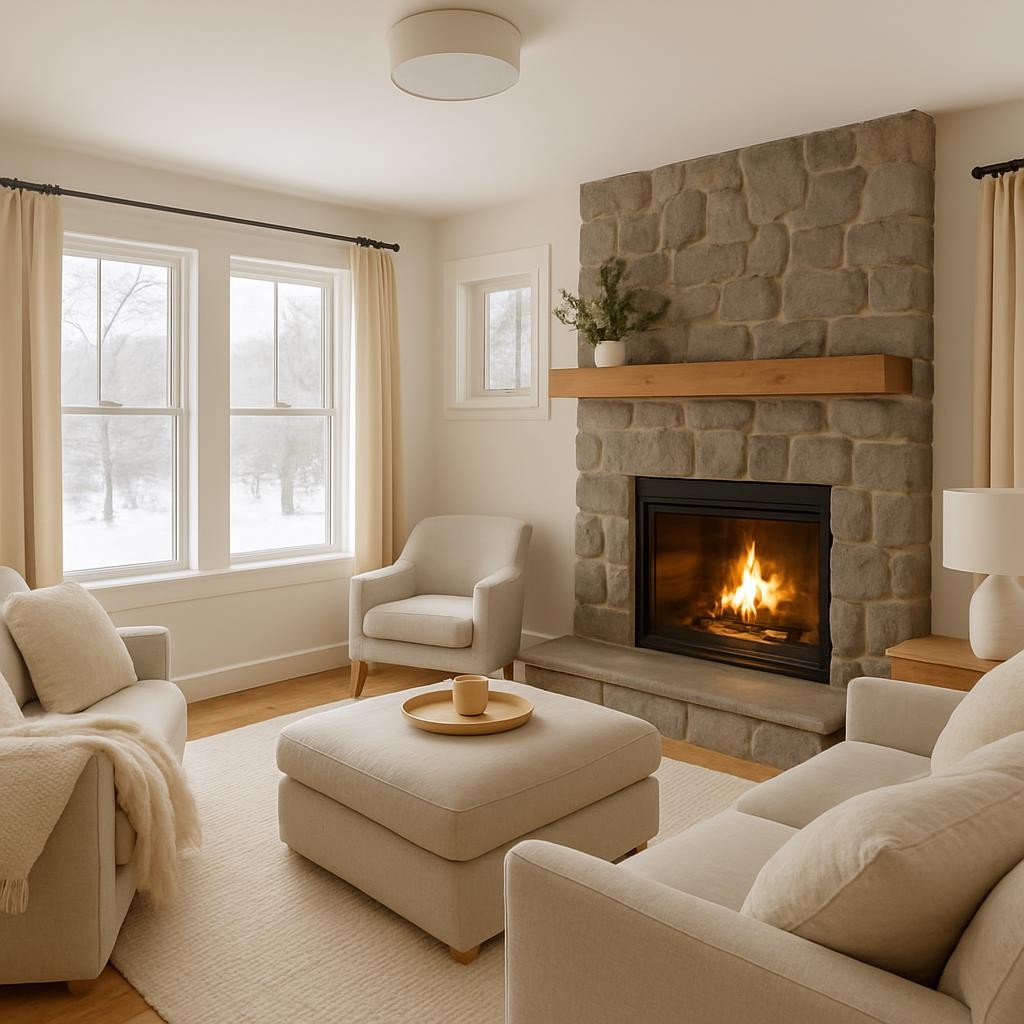 Scenic Cooperstown vacation rental interior showcasing cozy winter amenities and year-round comfort features