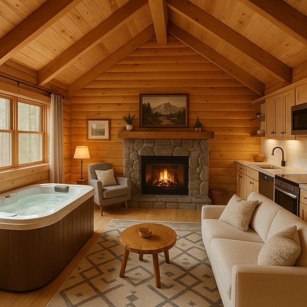 Cozy Adirondack cabin interior with modern amenities