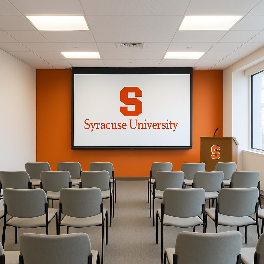 Professional conference setup with Syracuse University branding