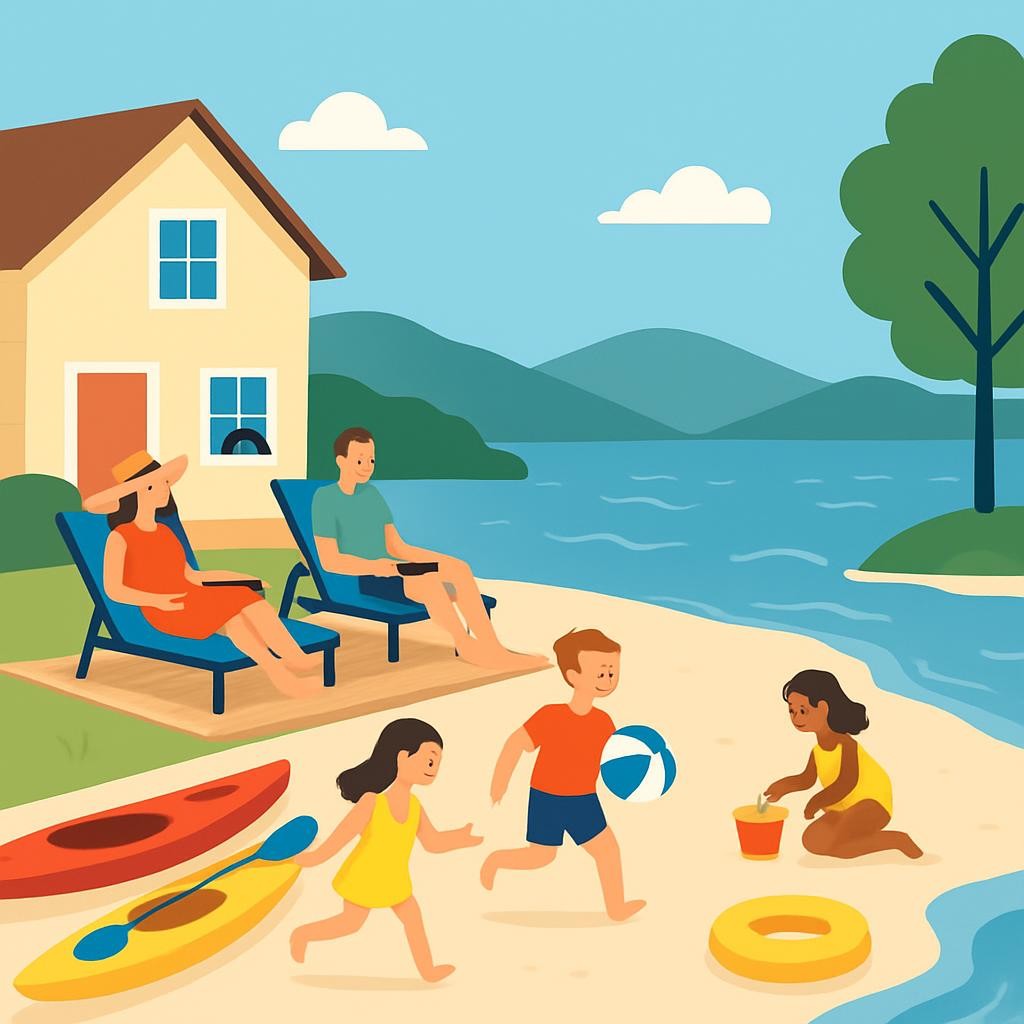 Lake George family enjoying outdoor activities at vacation rental with beach access