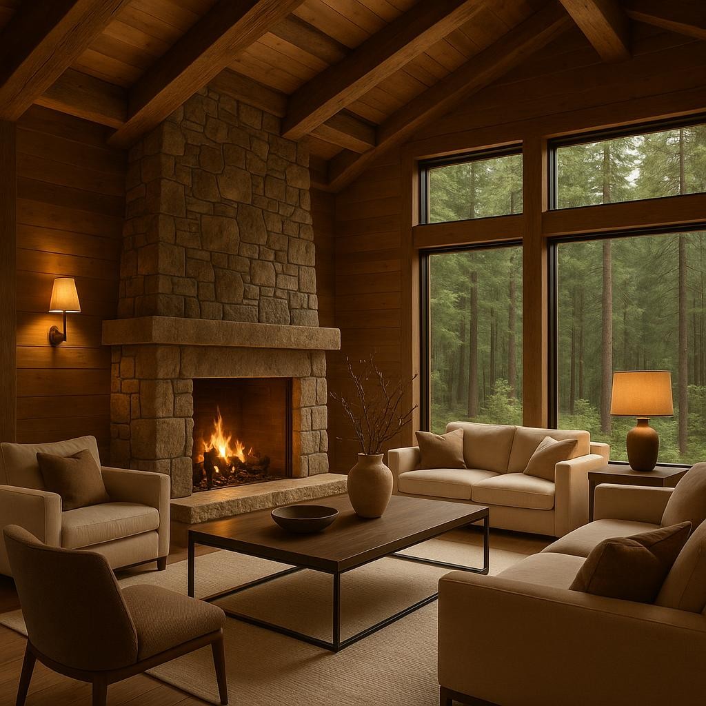 Elegant luxury cabin interior with stone fireplace, exposed wooden beams, modern rustic furniture, warm ambient lighting, large windows showing forest views, sophisticated earth-tone color palette