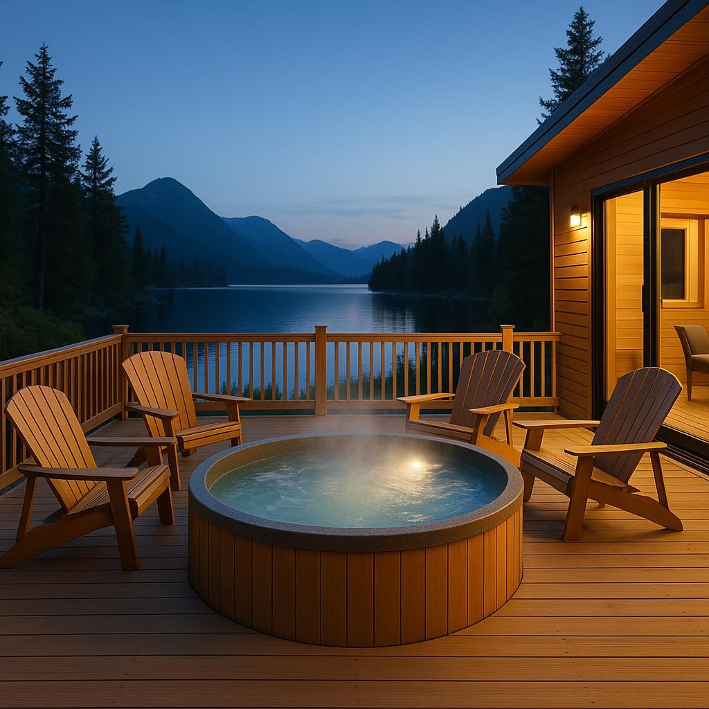 Private outdoor hot tub on wooden deck overlooking pristine mountain lake, surrounded by Adirondack chairs, evening lighting, luxury cabin exterior in background, steam rising from hot water