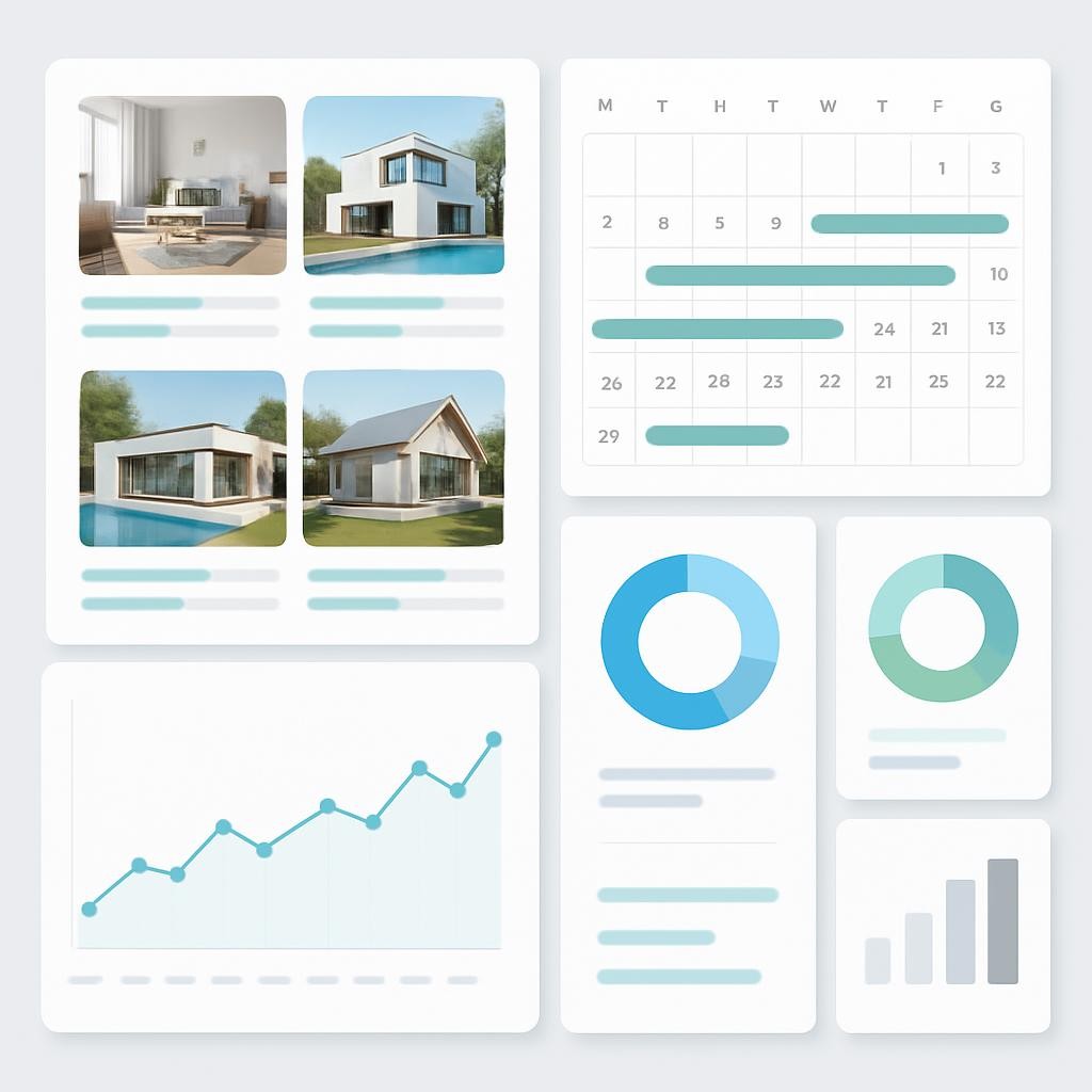 Modern property management software interface displaying multiple vacation rental listings with calendar views, booking analytics, and performance metrics, clean dashboard design, professional business technology