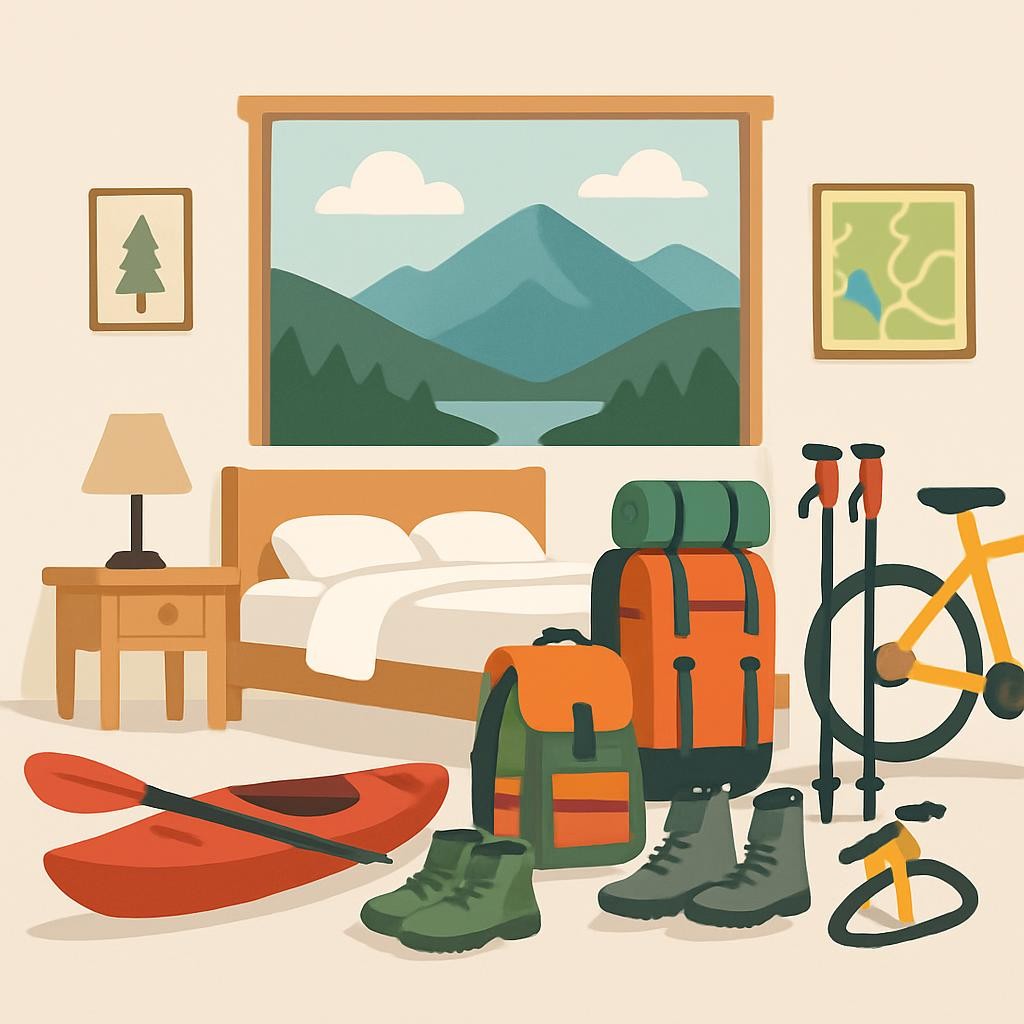 Central Adirondack vacation rental property showcasing mountain views and multi-destination access with outdoor adventure equipment