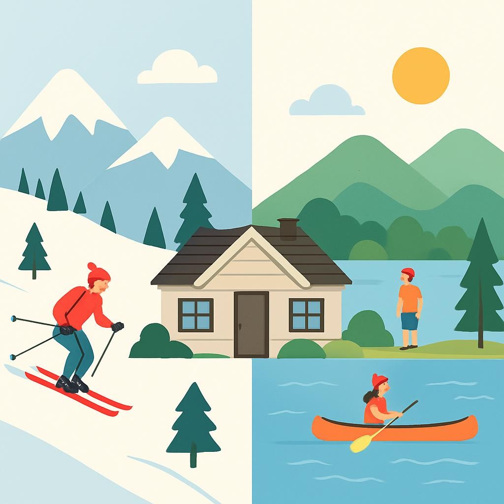 Seasonal Adirondack vacation rental showing winter skiing activities and summer lake recreation for year-round appeal