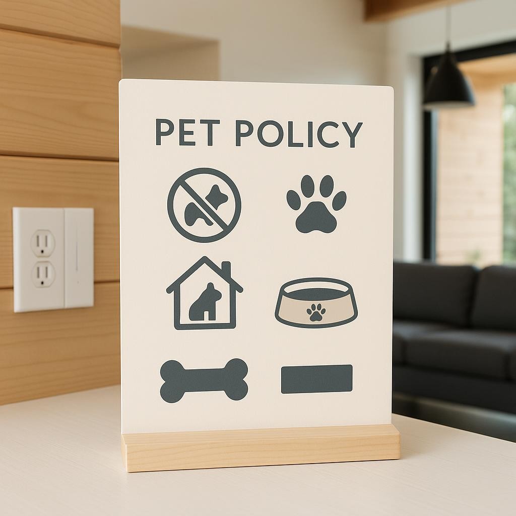 A well-designed vacation rental pet policy display board