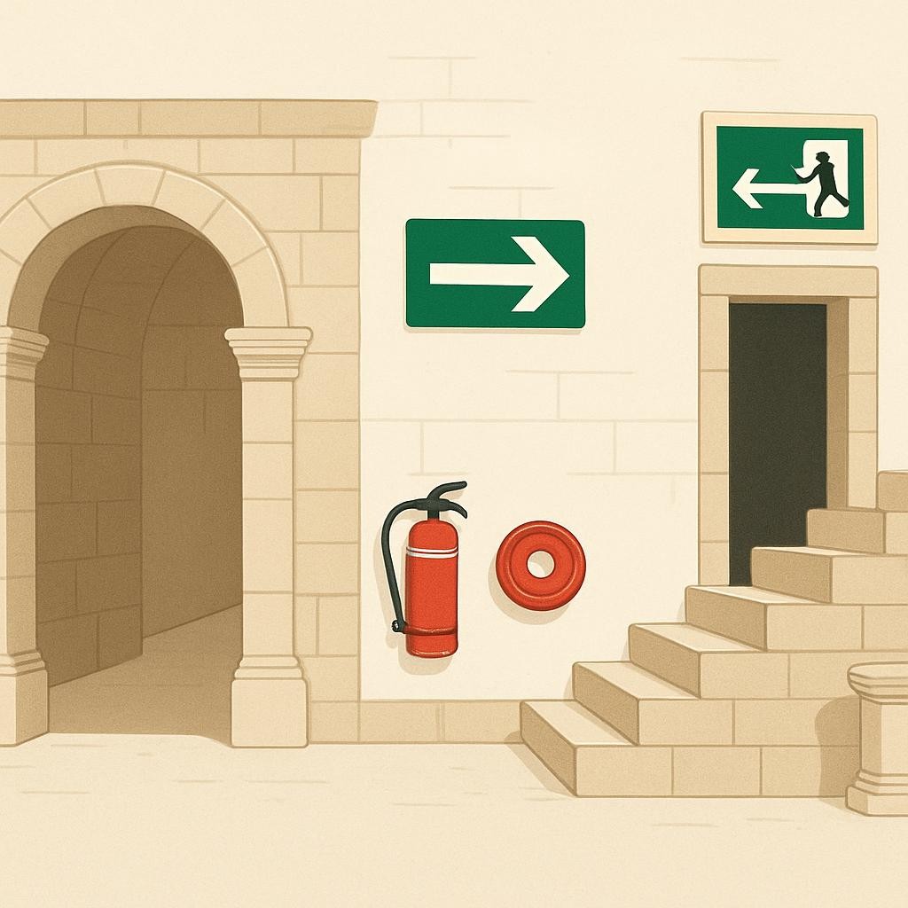Historic Roman building emergency evacuation route with clear signage and safety equipment, showing heritage property emergency planning features