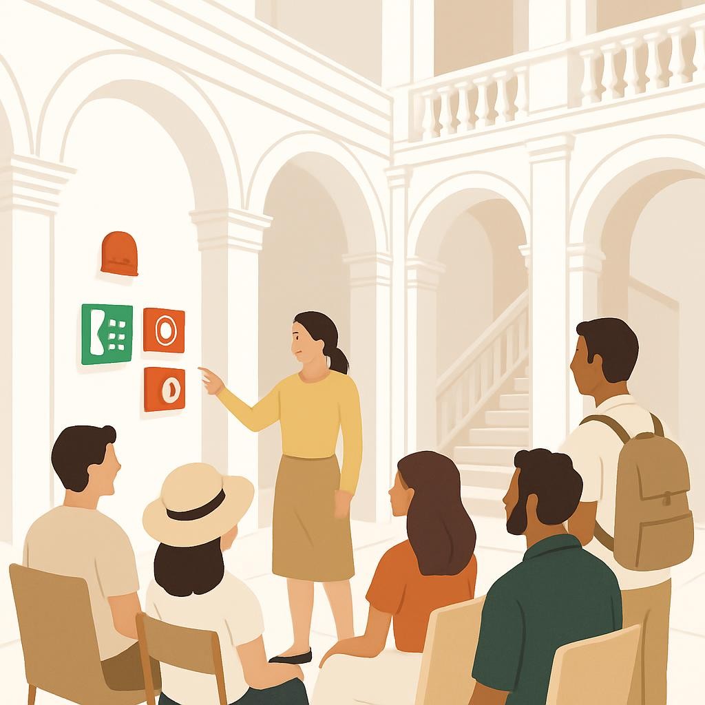 Group of vacation rental guests participating in emergency safety briefing in elegant Roman palazzo interior with emergency communication systems visible