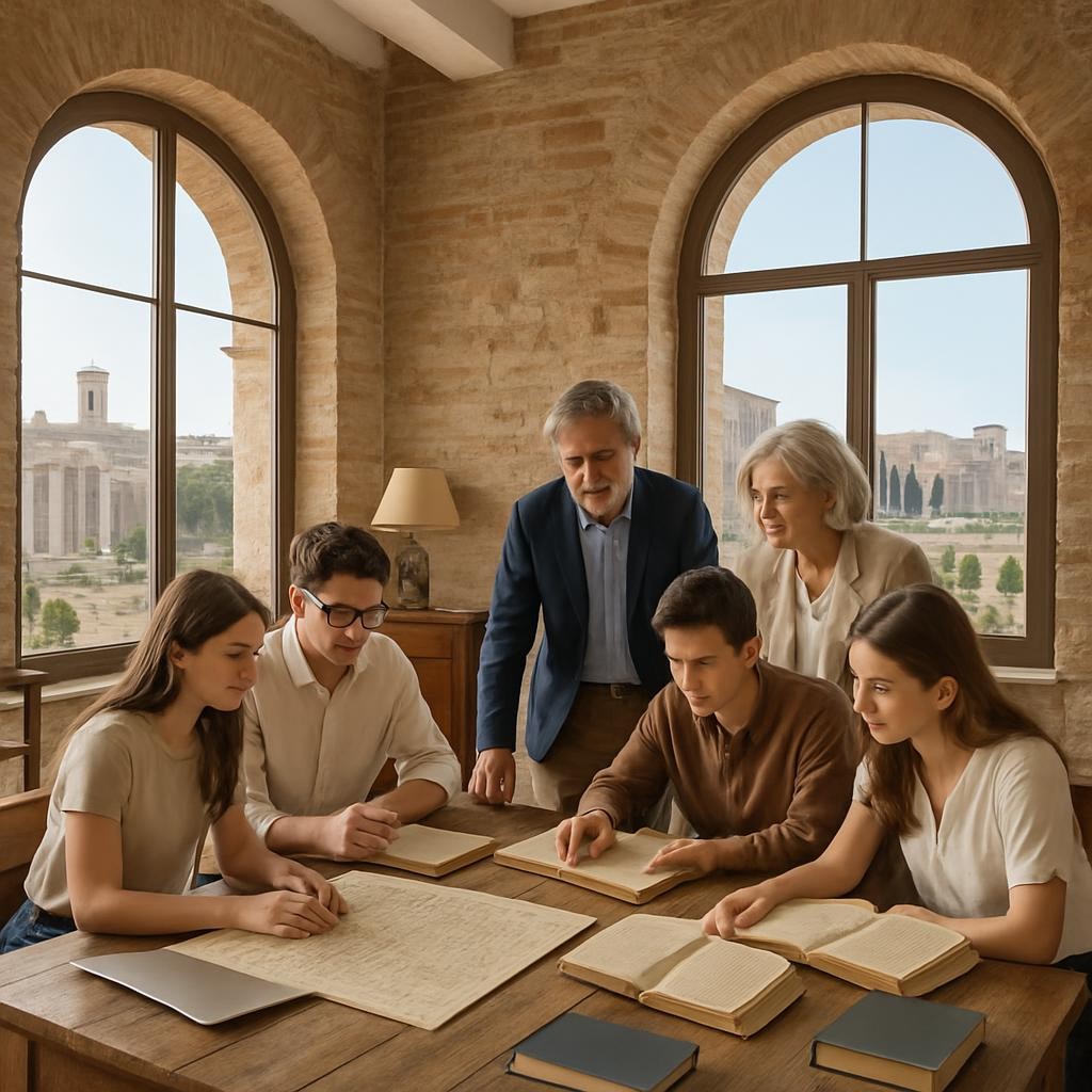 Educational tourists studying historical documents in a beautifully restored Roman vacation rental with ancient architecture
