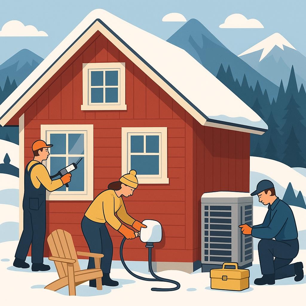 Professional maintenance team working on an Adirondack vacation rental property showing winterization, HVAC servicing, and seasonal property care in mountain environment