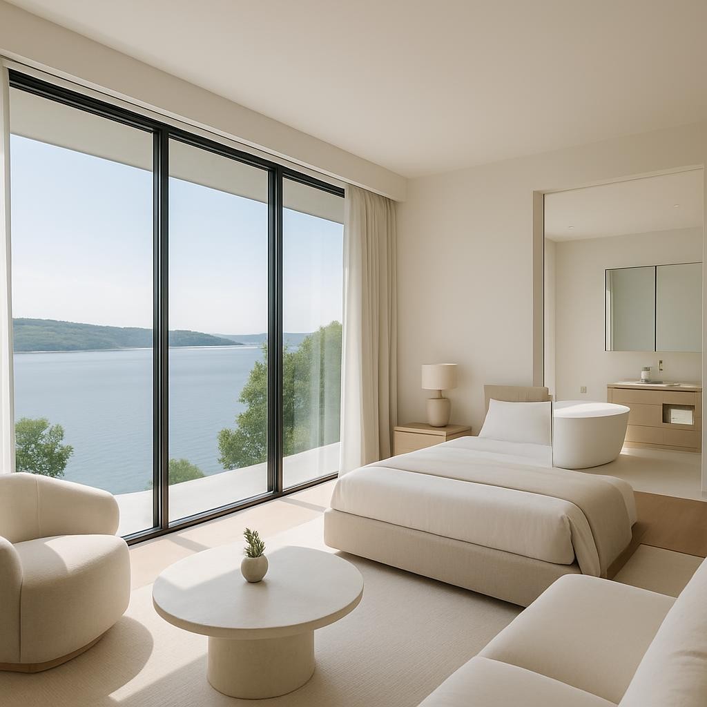 Elegant luxury vacation rental interior with designer furnishings and sophisticated lakefront views