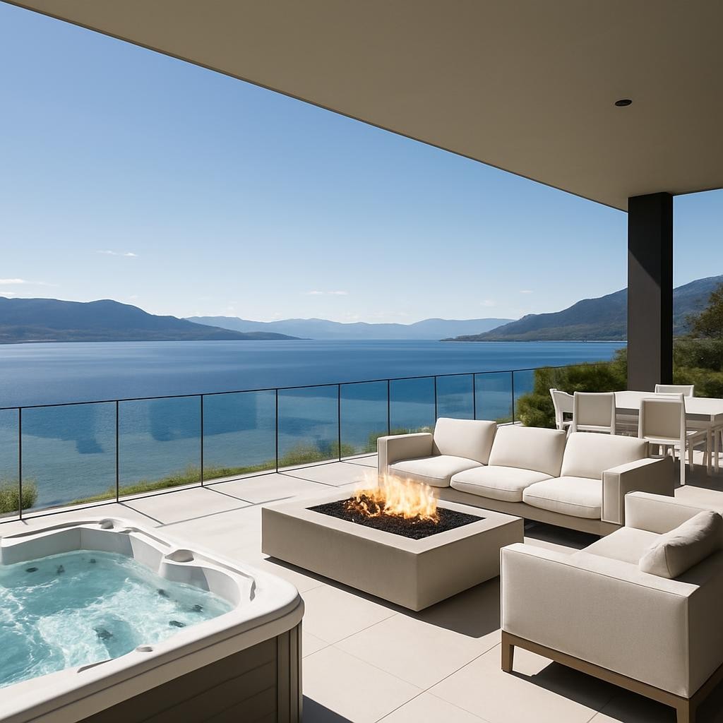 Premium outdoor living space with luxury amenities and lake views