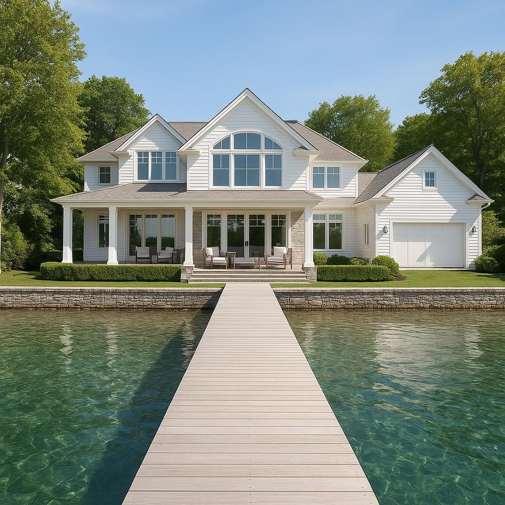 Elegant luxury lakefront vacation rental property on Skaneateles Lake with private dock, upscale architecture, and pristine clear waters, inviting and sophisticated atmosphere