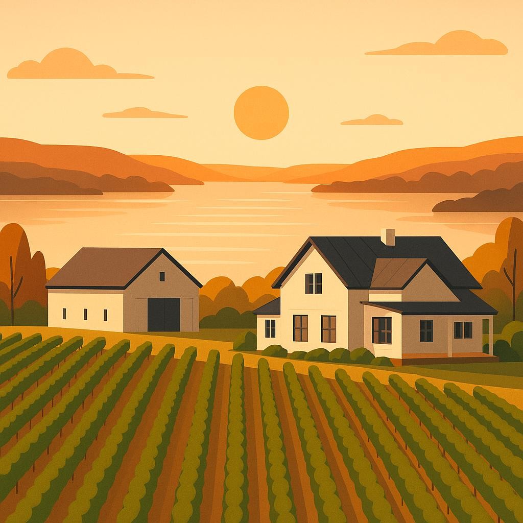 Scenic Seneca Lake winery estate with vacation rental property overlooking vineyard rows and lake, wine country charm with modern amenities, warm sunset lighting