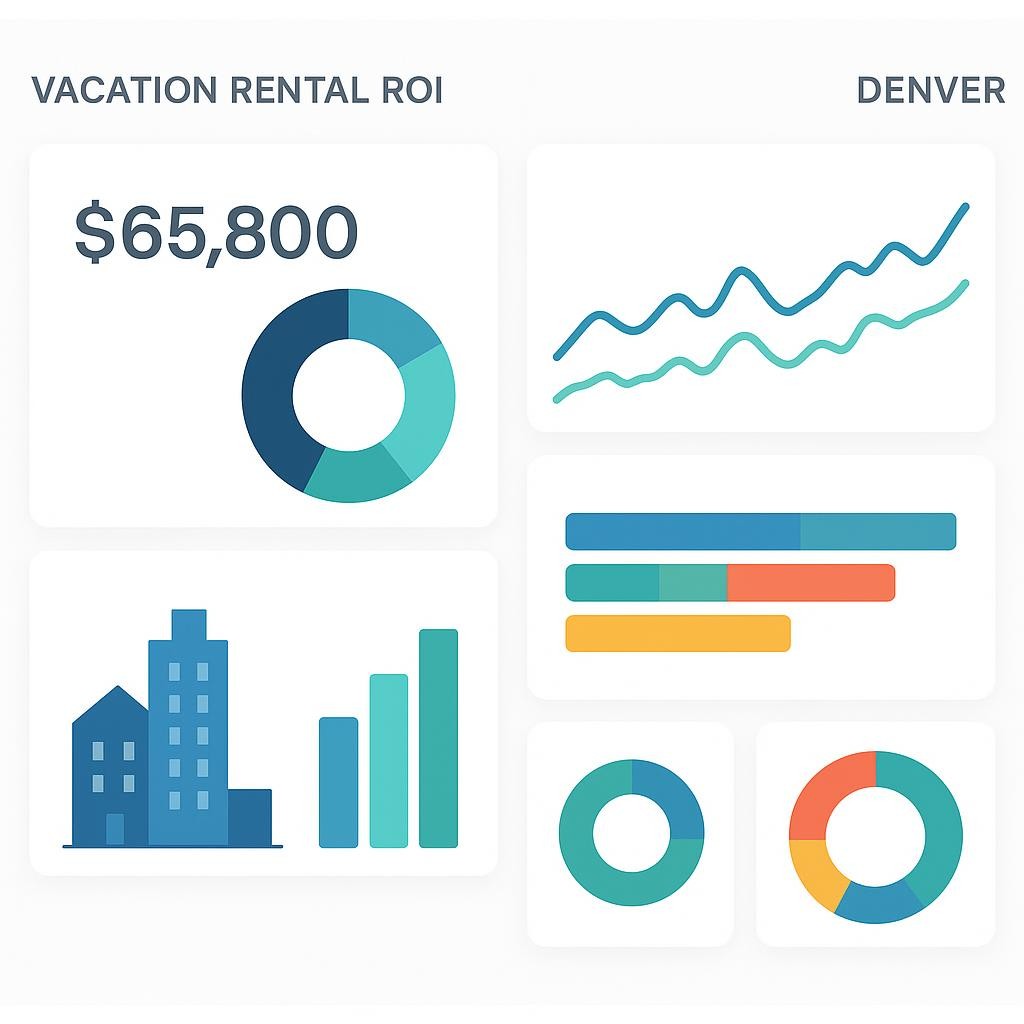 Modern financial dashboard showing vacation rental ROI metrics, graphs and charts with Denver market data, professional business analytics, investment returns visualization