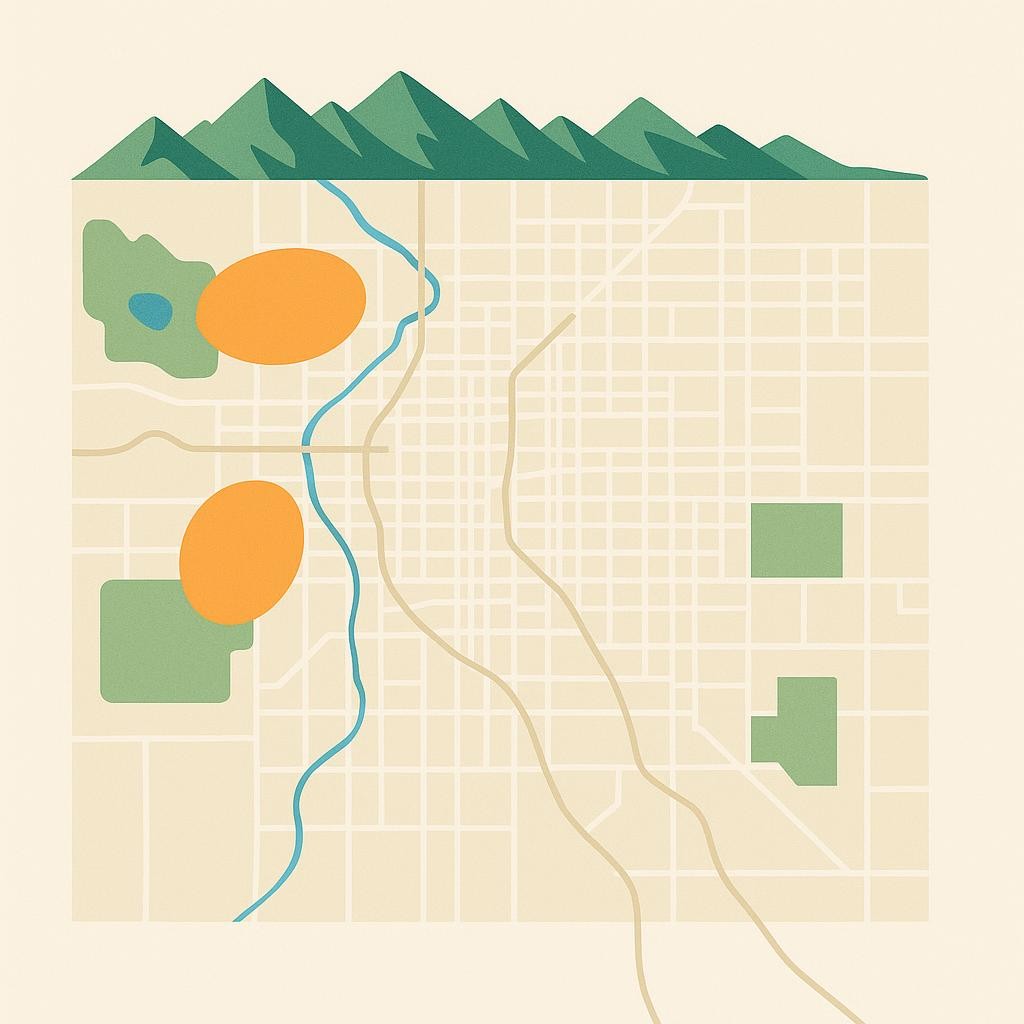 Denver neighborhood map highlighting prime vacation rental investment areas, residential districts with mountain views, location strategy for property investment