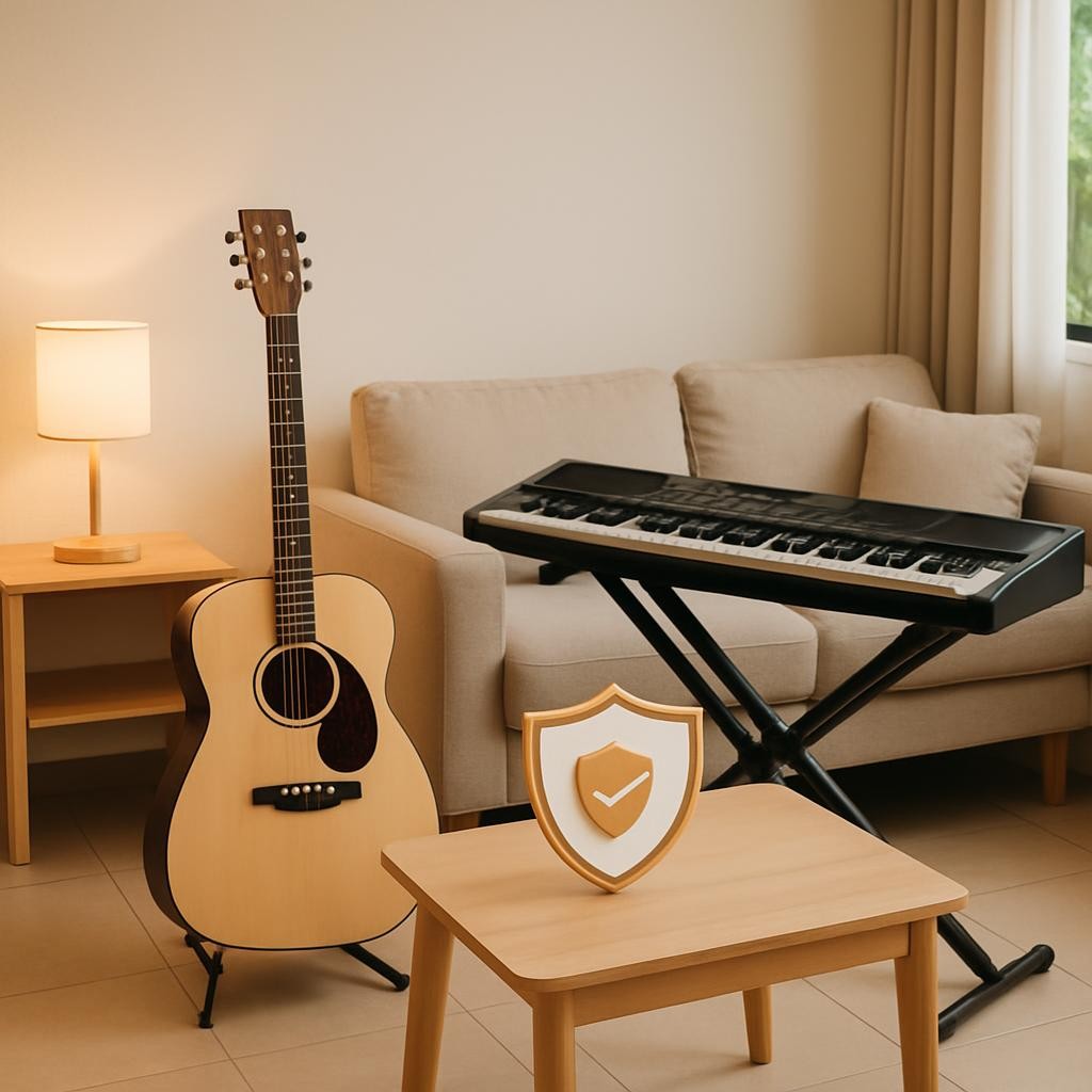Musical instruments in vacation rental room with insurance protection concept