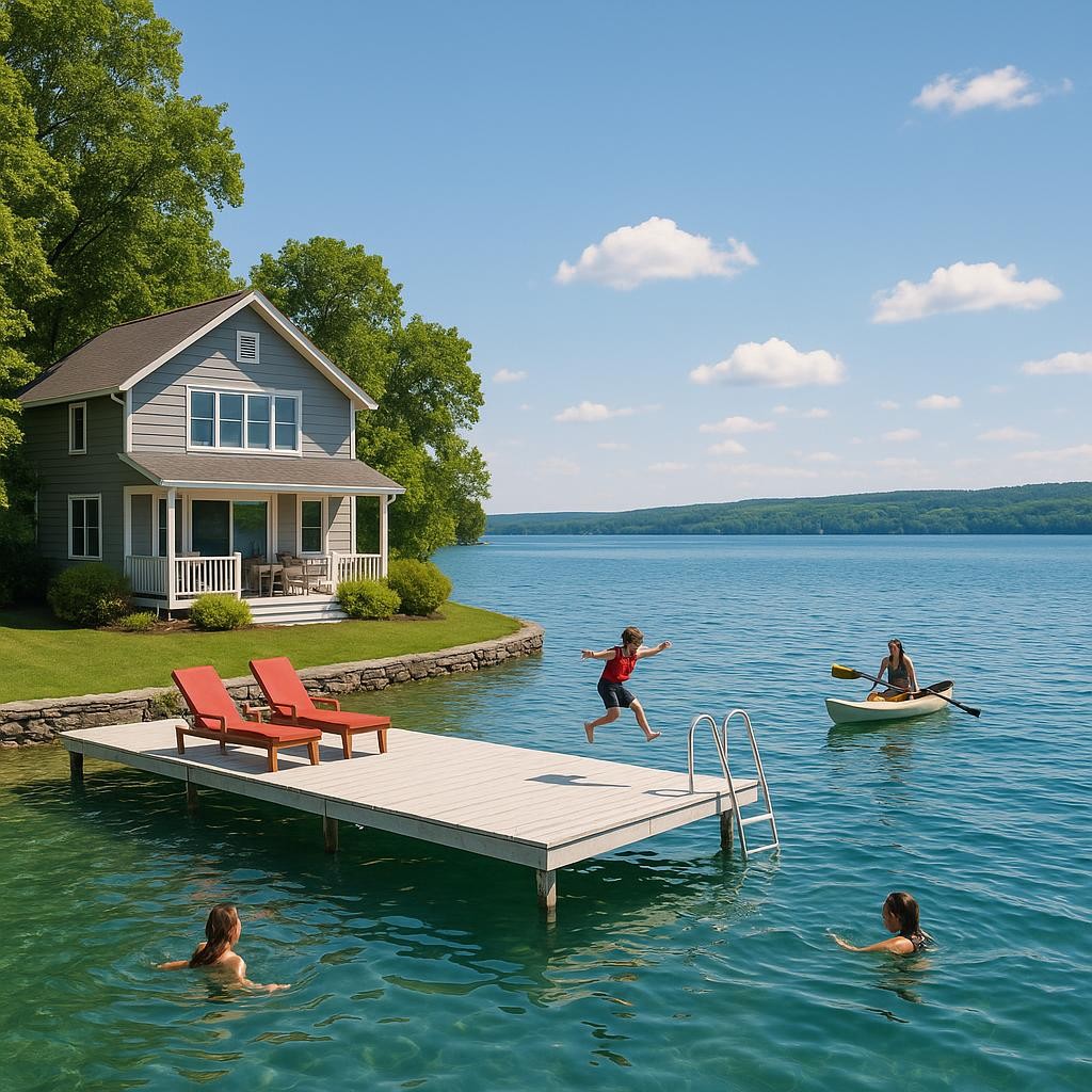 Beautiful lakefront vacation rental property during peak summer season in the Finger Lakes